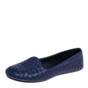Pre Owned Bottega Veneta Blue Intrecciato Leather Smoking Slippers Size 39 