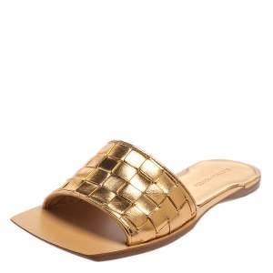 Pre Owned Bottega Veneta Metallic Gold Intrecciato Leather Stretch Square Toe Flat Slides Size 40