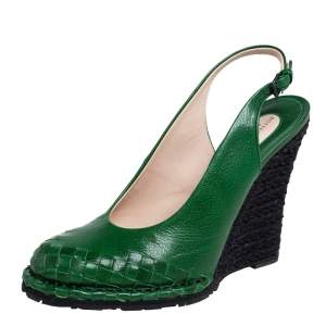 Pre Owned Bottega Veneta Green Intrecciato Slingback Wedge Pumps Size 41