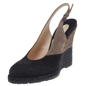 Pre Owned Bottega Veneta Black/Brown Intrecciato Suede Espadrille Wedge Slingback Sandals Size 37