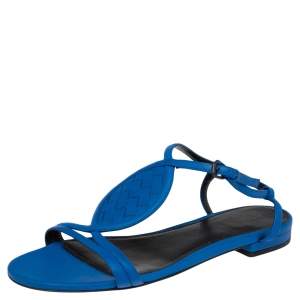 Pre Owned Bottega Veneta Blue Leather Ankle Strap Flat Sandals Size 38 