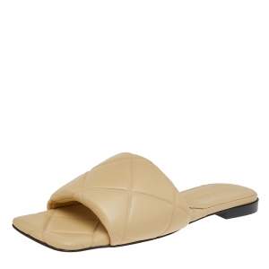 Pre Owned Bottega Veneta Beige Leather Lido Flat Slides Sandals Size 38.5