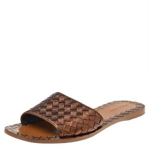 Pre Owned Bottega Veneta Metallic Brown Intrecciato Leather Flat Slide Sandals Size 39.