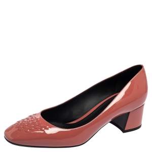 Pre Owned Bottega Veneta Dusty Pink Patent Leather Intrecciato Detail Block Heel Pumps Size 37.5