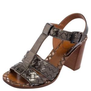 Pre Owned Bottega Veneta Metallic Grey Intrecciato Leather Block Heel Sandals Size 37