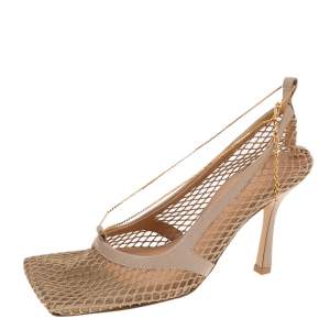Pre Owned Bottega Veneta Beige Mesh Fabric And Leather Trim Stretch Pumps Size 37