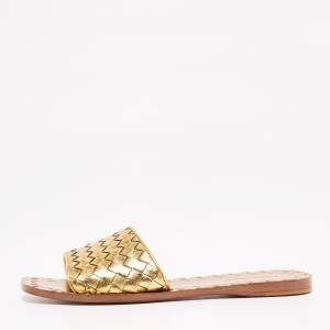 Pre Owned Bottega Vaneta Gold Intrecciato Leather Ravello Flat Sandals Size 36