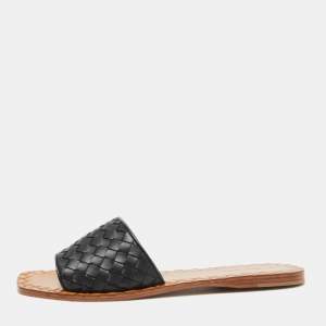 Pre Owned Bottega Veneta Black Intrecciato Leather Flat Slides Size 38