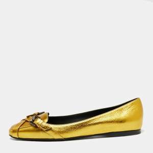 Pre Owned Bottega Veneta Gold Leather Ballet Flats Size 38