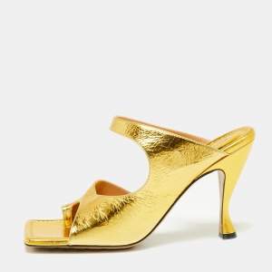 Pre Owned Bottega Veneta Gold Leather Vitello Lamé Square-Toe Sandals Size 41 