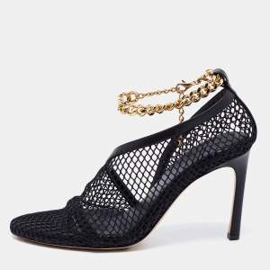 Pre Owned Bottega Veneta Black Mesh And Leather Trims Chain Embellished Ankle Cuff Pumps Size 39