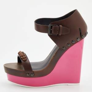 Pre Owned Bottega Veneta Brown Leather Platform Wedge Sandals Size 40.5