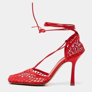 Pre Owned Bottega Veneta Coral Red Mesh and Leather Stretch Wrap Around Pumps Size 39