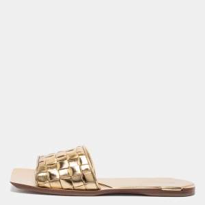 Pre Owned Bottega Veneta Metallic Gold Intrecciato Leather Square Toe Flat Slides Size 41