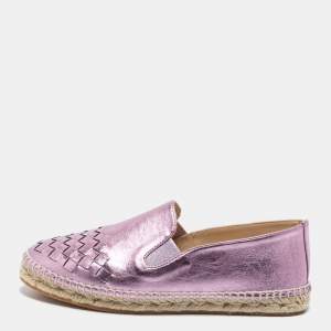 Pre Owned Bottega Veneta Metallic Purple Intrecciato Leather Espadrille Flats Size 36