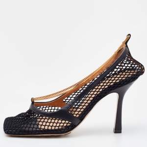 Pre Owned Bottega Veneta Black Mesh and Leather Stretch Ankle Strap Pumps Size 37