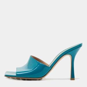 Bottega Veneta Blue Parent Leather Square Toe Stretch Slide Sandals Size 39.5