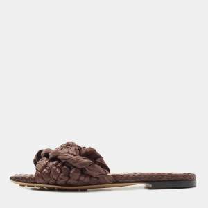 Pre Owned Bottega Veneta Dark Brown Raffia Intrecciato Slide Flat Size 36.5