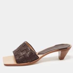 Pre Owned Bottega Veneta Brown Leather Intrecciato Slide Sandals Size 36.5