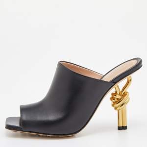 Pre Owned Bottega Veneta Black Leather Knot Heel Mules Size 36