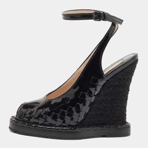 Bottega Veneta Black Patent Leather Intrecciato Wedge Ankle Wrap Peep Toe Sandals Size 37