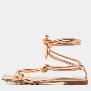 Pre Owned Bottega Veneta Metallic Rose Gold Leather Ankle Tie Flats Size 39.5