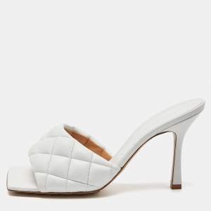 Pre Owned Bottega Veneta White Leather Quilted Slides Size 40