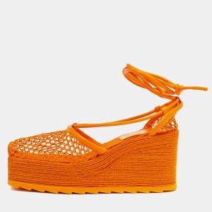 Pre Owned Bottega Veneta Orange Mesh and Leather Lace-Up Wedge Platform Espadrilles Ankle Tie Sandals Size 38