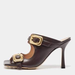 Bottega Veneta Brown Leather Stretch Buckle Slide Sandals Size 36