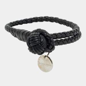 Bottega Veneta Black Intrecciato Leather Silver Tone Knot Bracelet