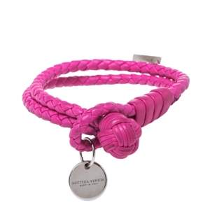 Pre Owned Bottega Veneta Intrecciato Nappa Fuchsia Leather Double Strand Bracelet