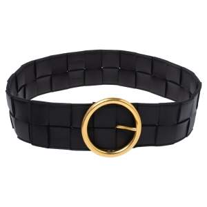 Pre Owned Bottega Veneta Black Orthogonal Maxi Weave Leather Circular Buckle Belt Size 75 CM