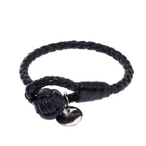 Pre Owned Bottega Veneta Black Leather Intrecciato Knot Bracelet