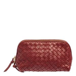 Pre Owned Bottega Veneta Dark Red Intrecciato Leather Pouch
