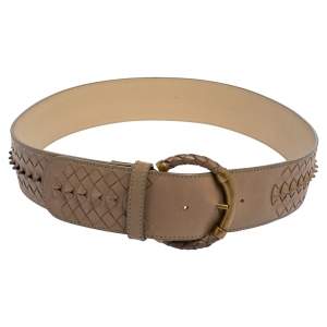 Bottega Veneta Beige Intrecciato Leather Round Buckle Waist Belt 85 CM