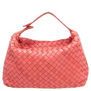 Pre Owned Bottega Veneta Coral Red Intrecciato Leather Cosmetic Pouch
