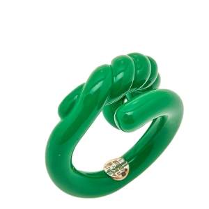 Pre Owned Bottega Veneta Green Enameled Sterling Silver Twist Ring Size IT 13