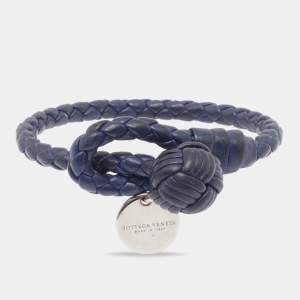 Pre Owned Bottega Veneta Navy Blue Intrecciato Nappa Leather Toggle Bracelet