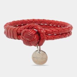 Pre Owned Bottega Veneta Orange Intrecciato Leather Double Strand Bracelet S