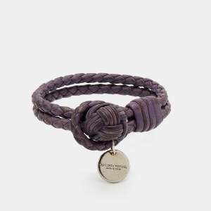 Pre Owned Bottega Veneta Sterling Silver Intrecciato Purple Double Knot Leather Bracelet