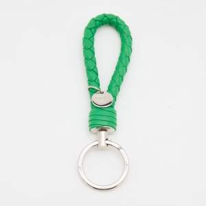 Pre Owned Bottega Veneta Green Intrecciato Leather Silver Tone Key Ring