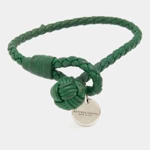 Bottega Veneta Intrecciato Green Leather Single Knot Bracelet S