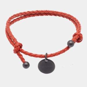 Bottega Veneta Intrecciato Orange Leather Gunmetal Tone Adjustable Double Cord Bracelet