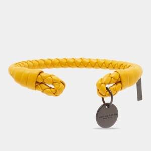 Bottega Veneta Intrecciato Nappa Gold Tone Open Cuff Leather Bracelet M