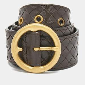 Bottega Veneta Dark Brown Intrecciato Leather Round Buckle Belt 90CM