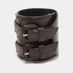 Bottega Veneta Dark Brown Intrecciato Leather Double Buckle Wrap Bracelet