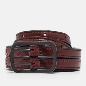 Bottega Veneta Burgundy Intrecciato Leather Double Strap Buckle Belt 75CM