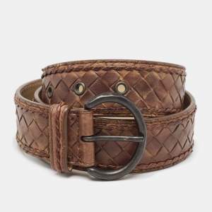 Bottega Veneta Brown Intrecciato Leather Buckle Belt 80 CM