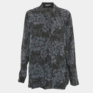 Bottega Veneta Blue/Black Printed Silk Tie-Up Collar Shirt M