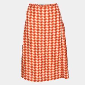 Bottega Veneta Orange Pattern Silk Midi Skirt M